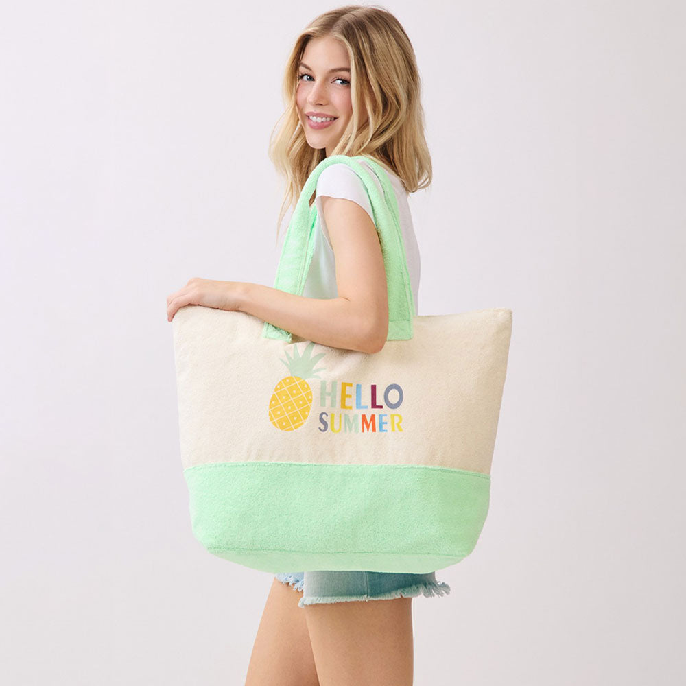 Madeline Love Mint HELLO SUMMER Message Pineapple Graphic Printed Terry Tote Bag - Bags & Wallets