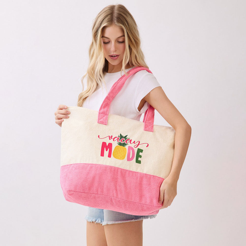 Madeline Love Pink VACAY MODE Message Pineapple Graphic Printed Terry Tote Bag - Bags & Wallets
