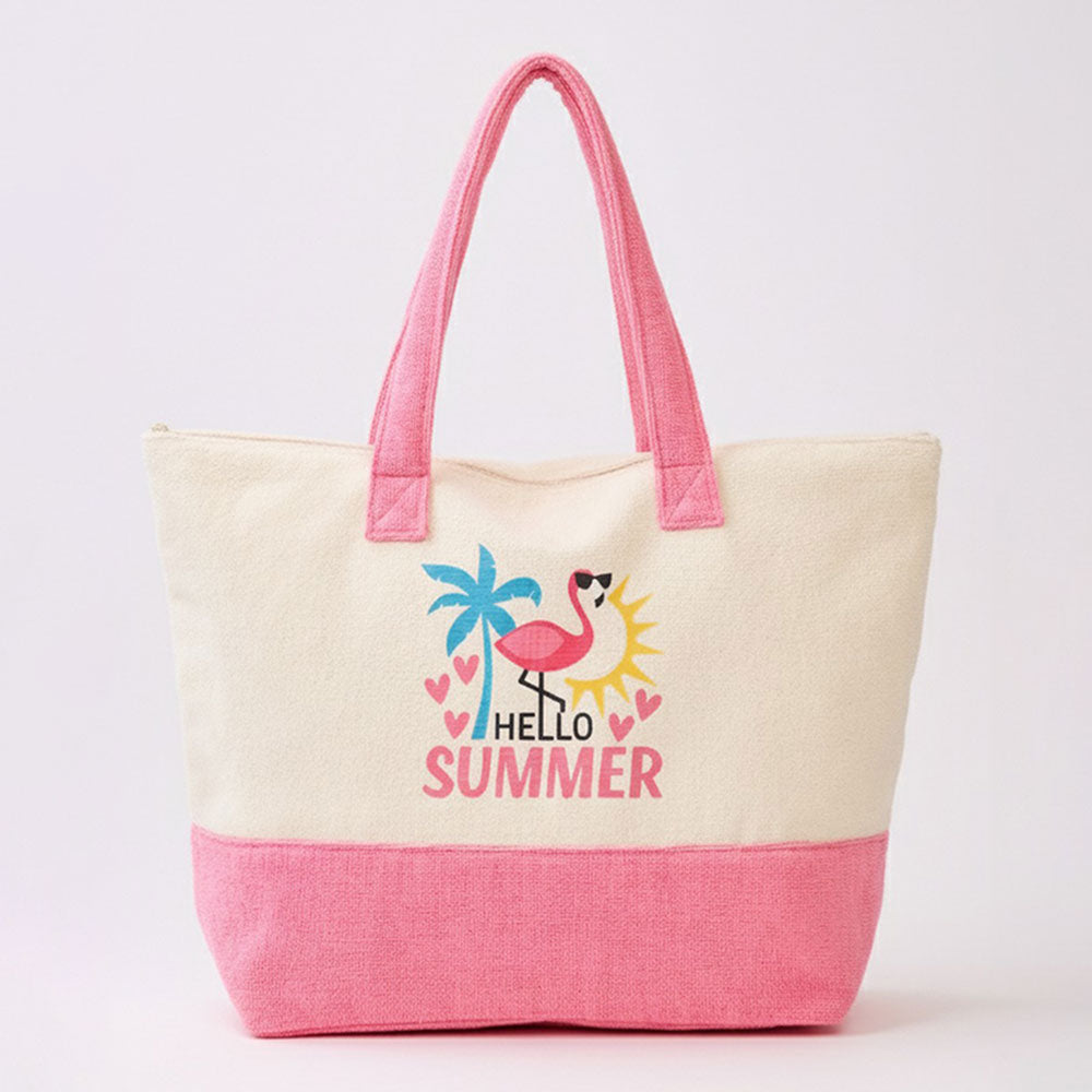 Madeline Love Pink HELLO SUMMER Message Flamingo Graphic Printed Terry Tote Bag - Bags & Wallets