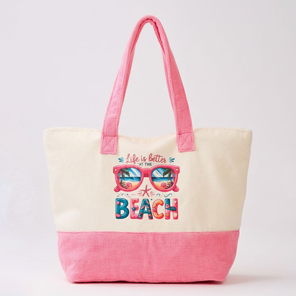 Madeline Love Pink LIFE IS BETTER AT THE BEACH Message Sunglasses Graphic Printed Terry Tote Bag - Bags & Wallets - extra