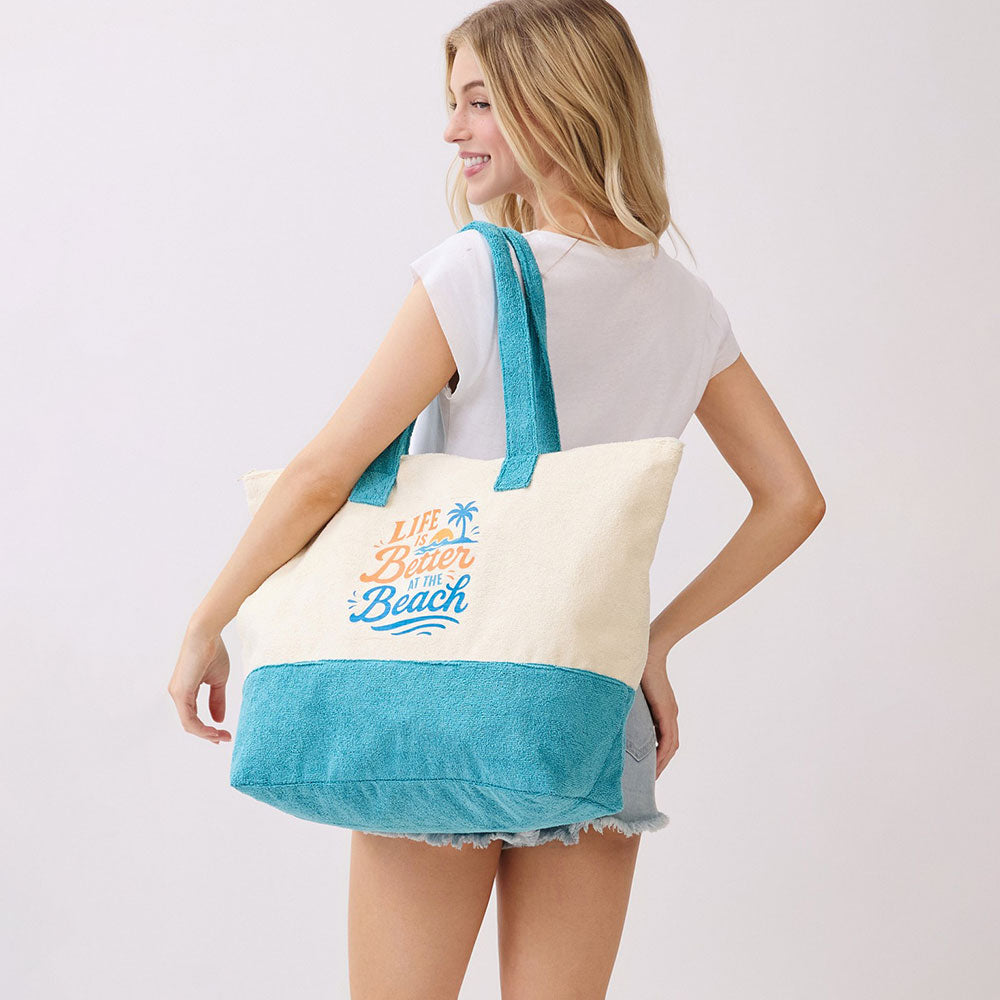 Madeline Love Blue LIFE IS BETTER AT THE BEACH Message Terry Tote Bag - Bags & Wallets - extra