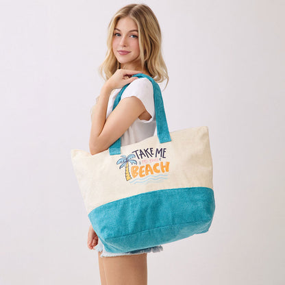 Madeline Love Blue TAKE ME TO THE BEACH Message Palm Tree Graphic Printed Terry Tote Bag - Bags & Wallets