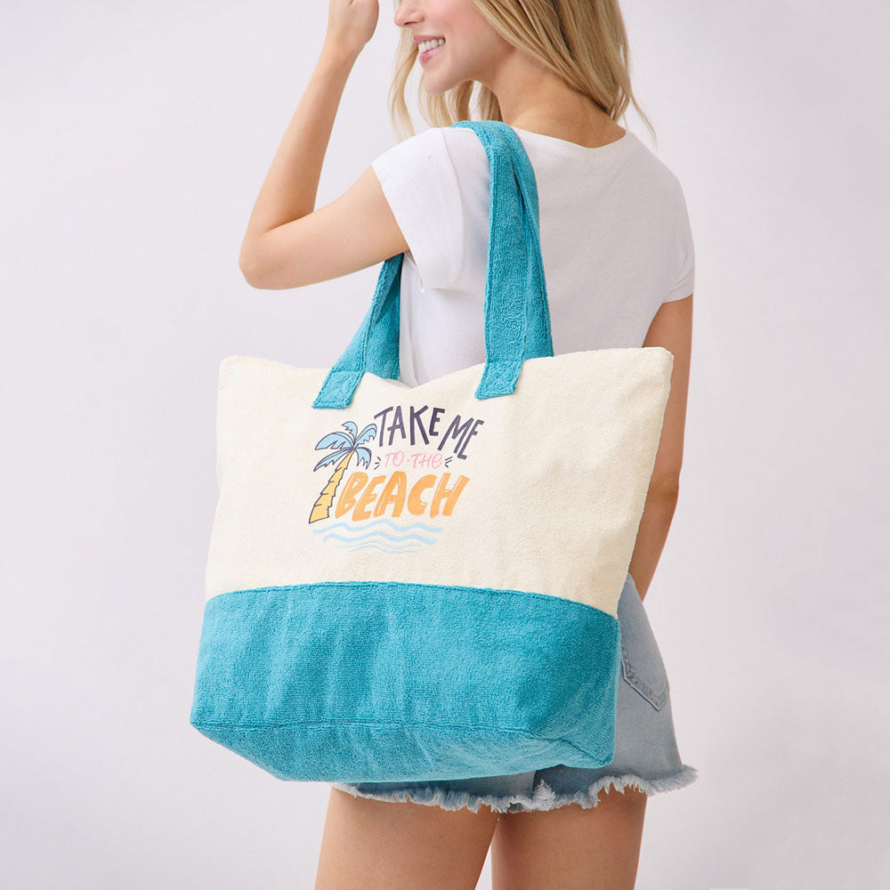 Madeline Love Blue TAKE ME TO THE BEACH Message Palm Tree Graphic Printed Terry Tote Bag - Bags & Wallets - extra