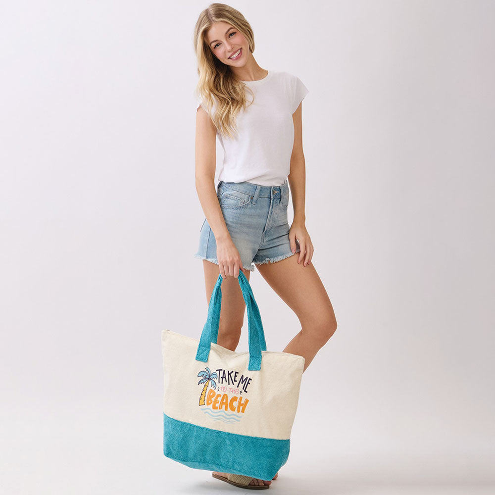 Madeline Love Blue TAKE ME TO THE BEACH Message Palm Tree Graphic Printed Terry Tote Bag - Bags & Wallets - extra