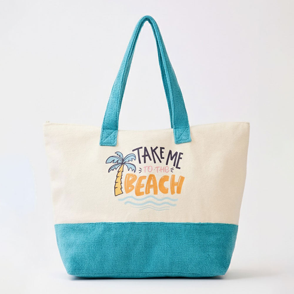 Madeline Love Blue TAKE ME TO THE BEACH Message Palm Tree Graphic Printed Terry Tote Bag - Bags & Wallets - extra