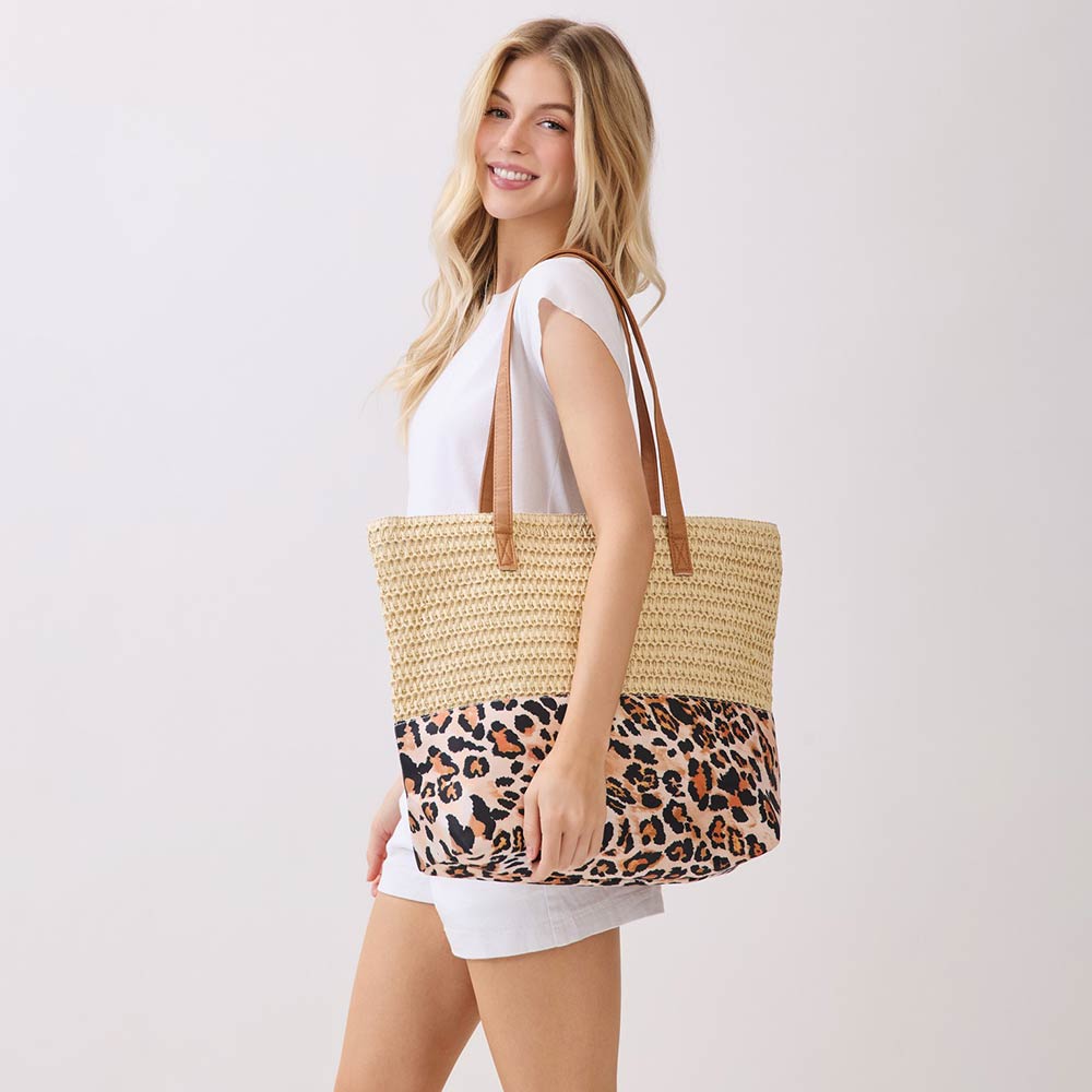 Madeline Love Beige Leopard Print Straw Tote Shoulder Bag - Bags & Wallets - desc