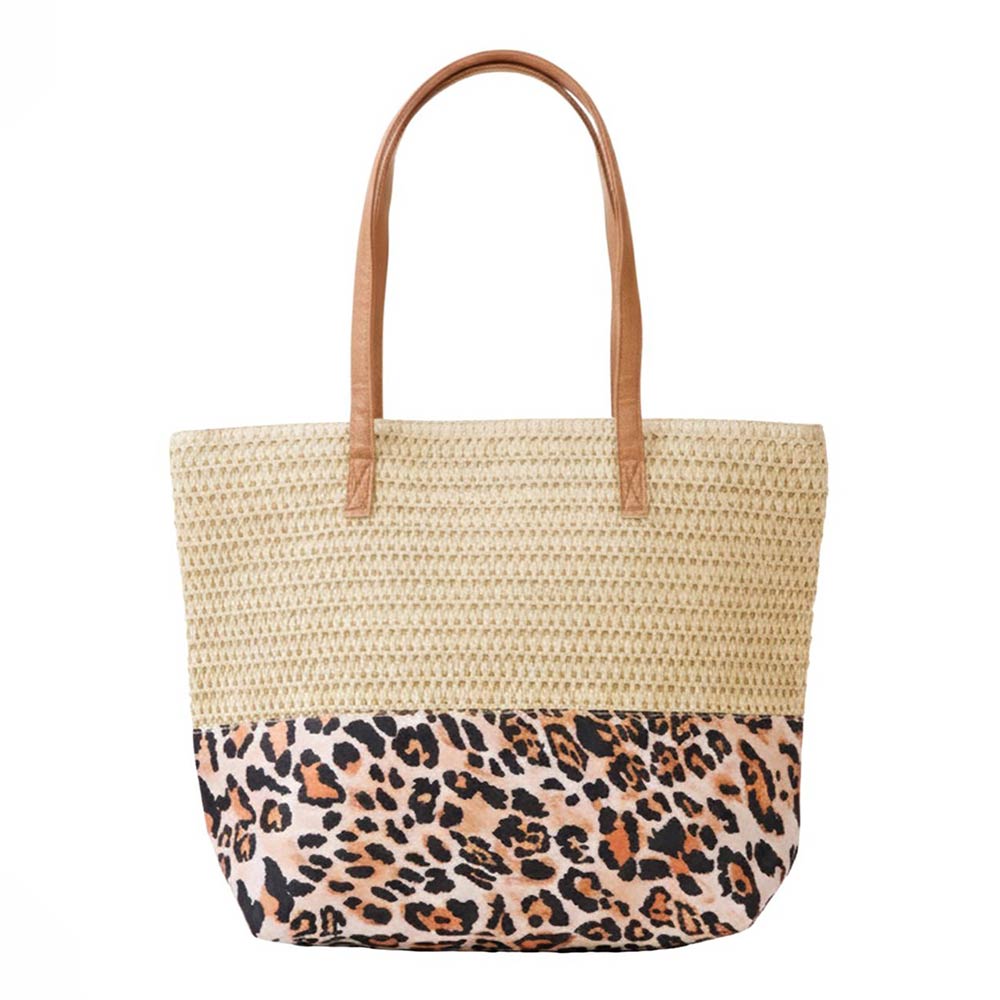 Madeline Love Beige Leopard Print Straw Tote Shoulder Bag - Bags & Wallets - extra
