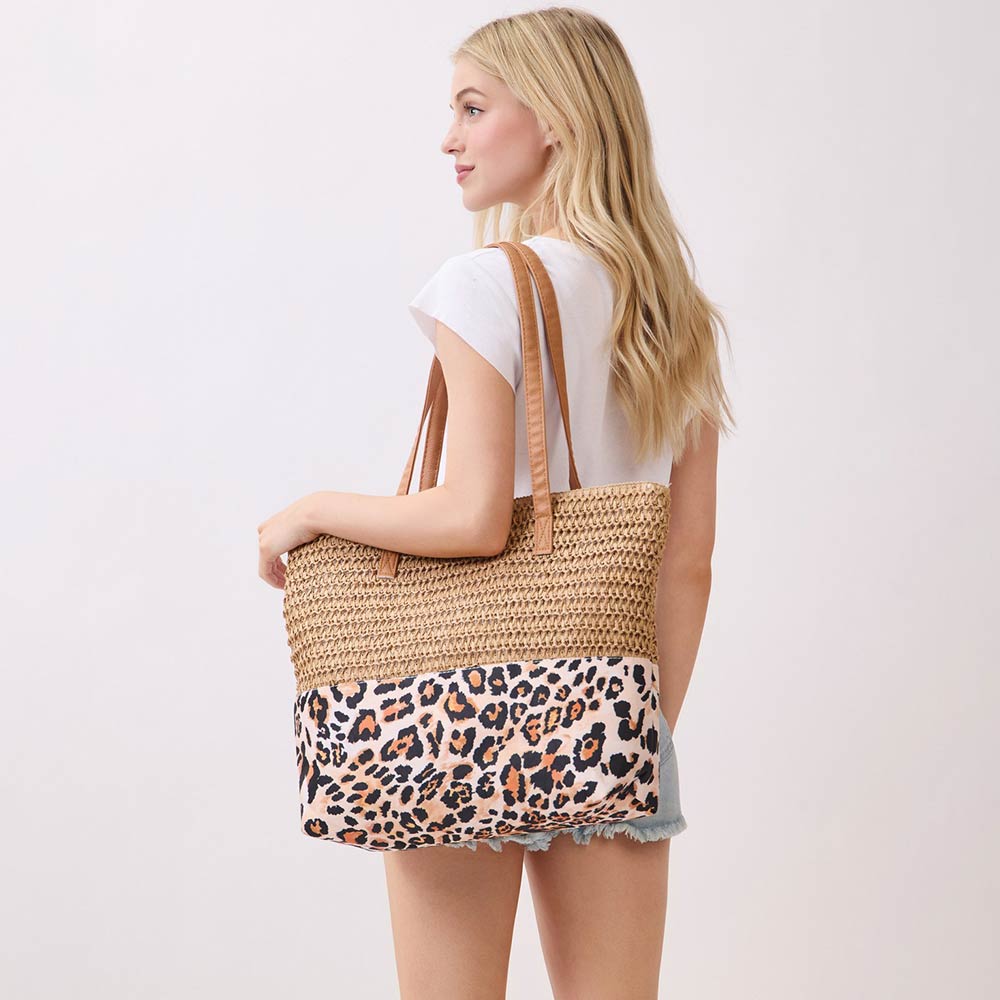 Madeline Love Taupe Leopard Print Straw Tote Shoulder Bag - Bags & Wallets - extra