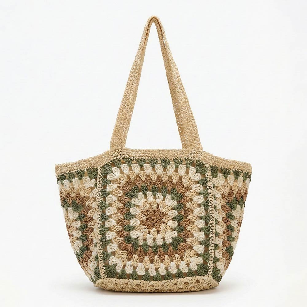 Madeline Love Beige Vintage Granny Square Crochet Summer Tote Bag - Bags & Wallets