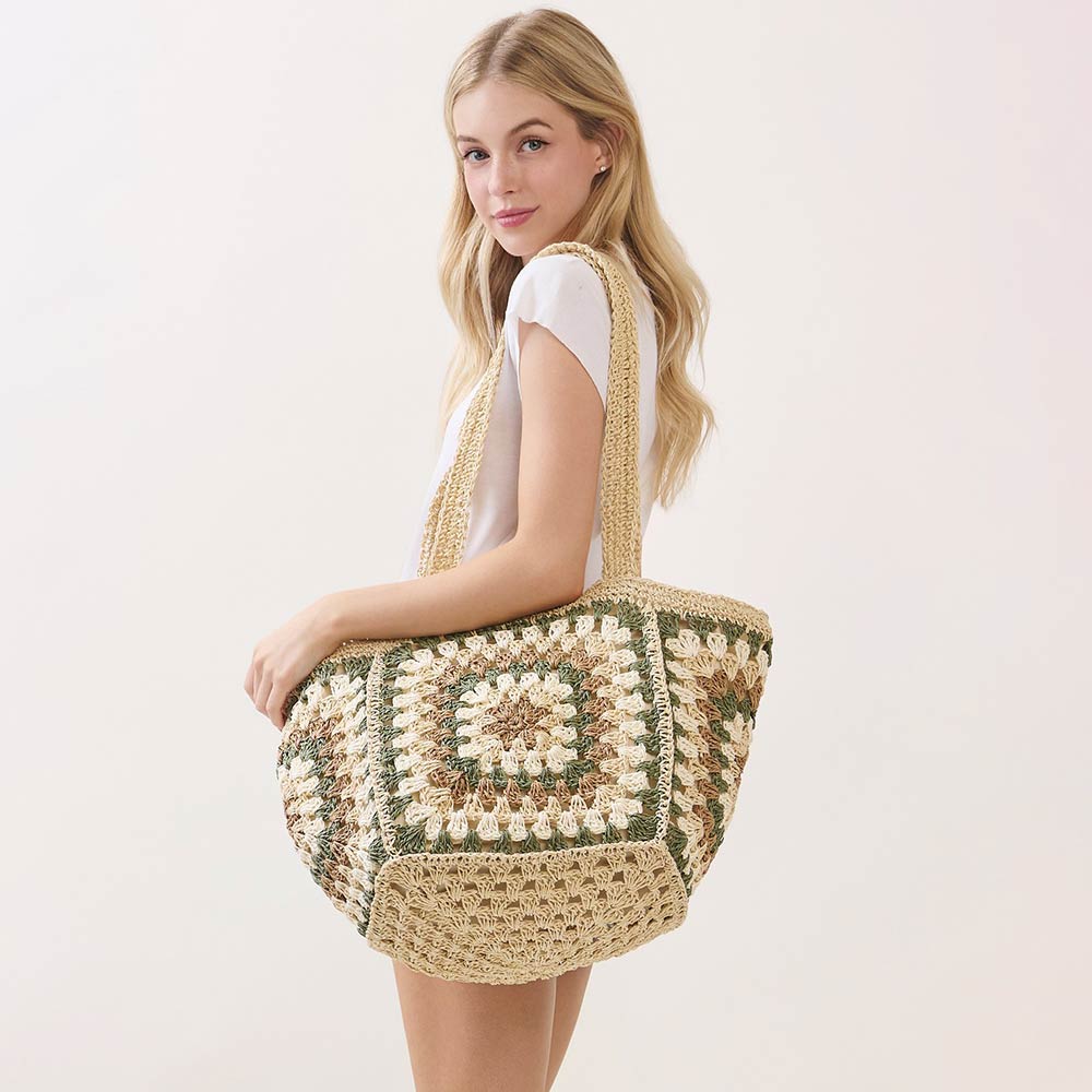 Madeline Love Beige Vintage Granny Square Crochet Summer Tote Bag - Bags & Wallets - desc
