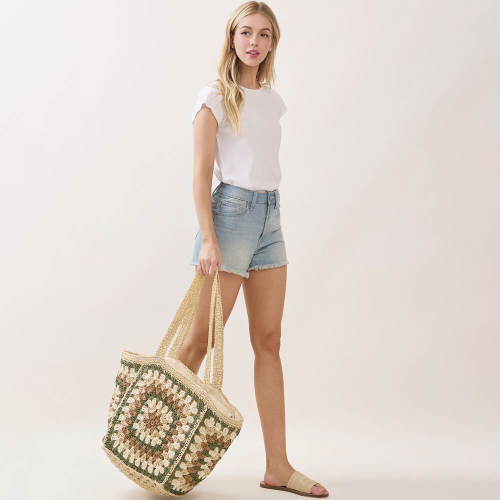 Madeline Love Beige Vintage Granny Square Crochet Summer Tote Bag - Bags & Wallets - extra