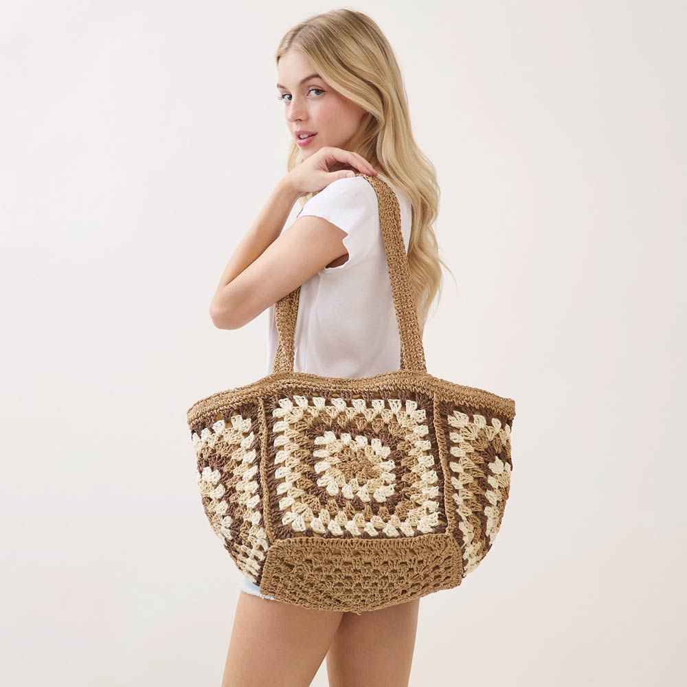 Madeline Love Taupe Vintage Granny Square Crochet Summer Tote Bag - Bags & Wallets