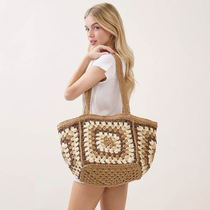 Madeline Love Taupe Vintage Granny Square Crochet Summer Tote Bag - Bags & Wallets