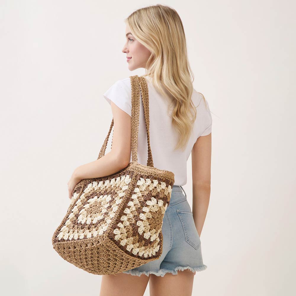 Madeline Love Taupe Vintage Granny Square Crochet Summer Tote Bag - Bags & Wallets - extra