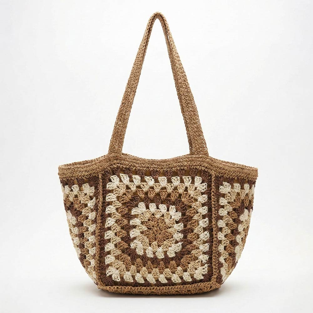 Madeline Love Taupe Vintage Granny Square Crochet Summer Tote Bag - Bags & Wallets - extra