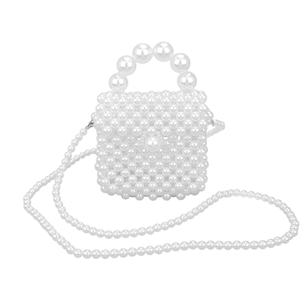 Madeline Love Rhodium, White Mini Pearl Flap Crossbody Bag - Bags & Wallets - desc