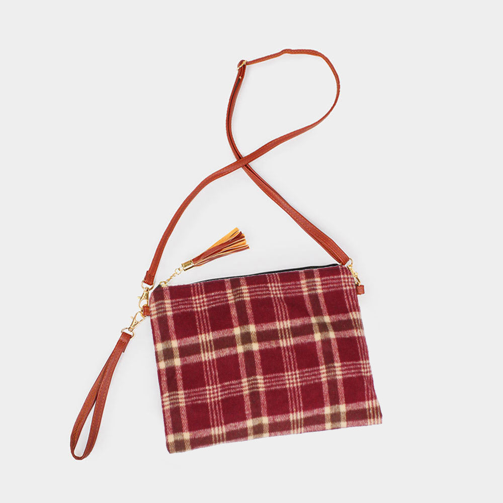 Madeline Love Burgundy Plaid Check Patterned Crossbody / Clutch Bag - Bags & Wallets