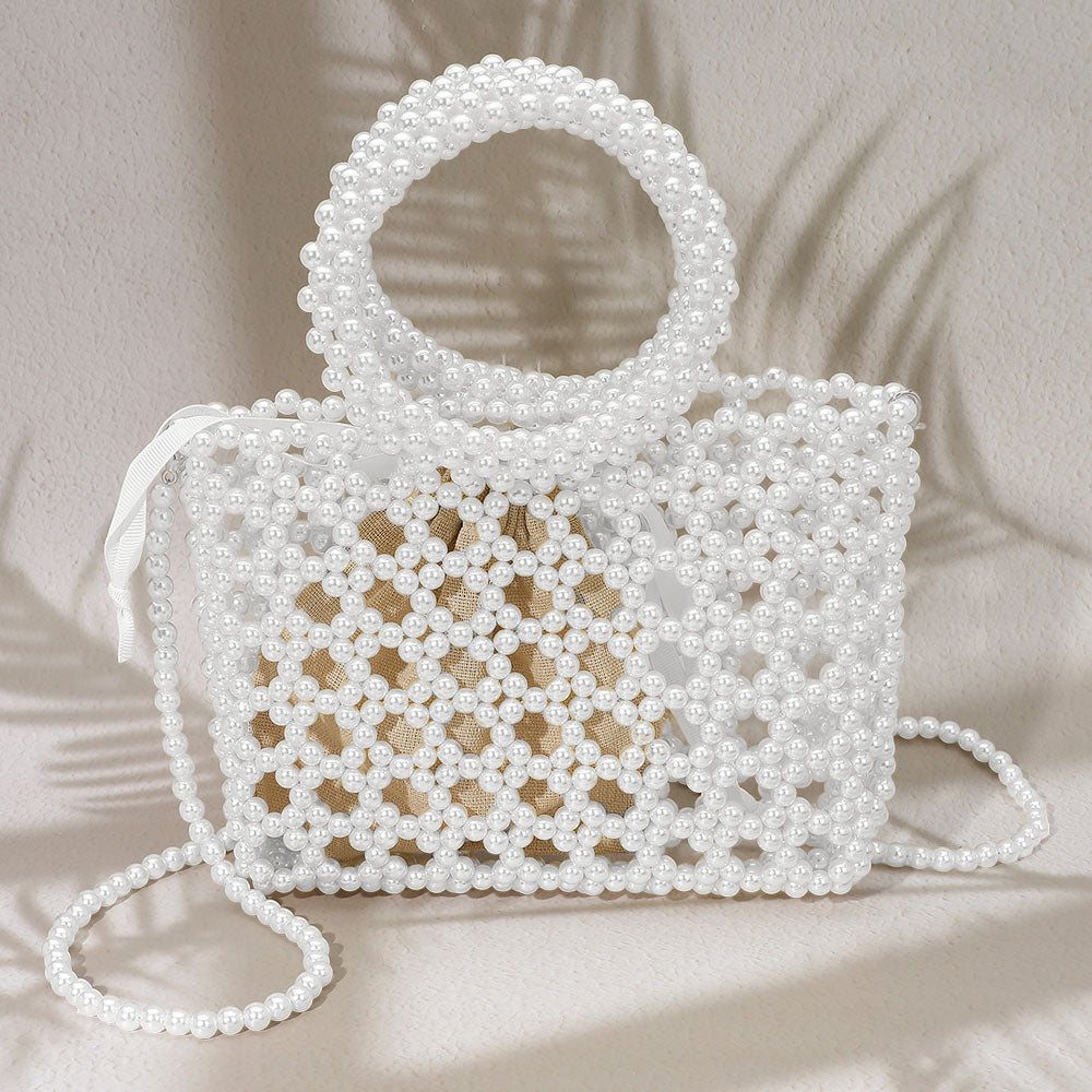 Madeline Love White Elegant Pearl Beaded Round Handle Lattice Handbag / Crossbody Bag - Bags & Wallets