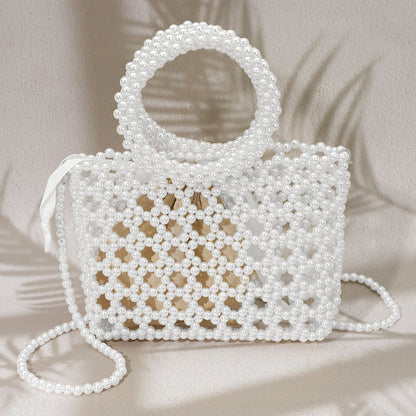Madeline Love White Elegant Pearl Beaded Round Handle Lattice Handbag / Crossbody Bag - Bags & Wallets