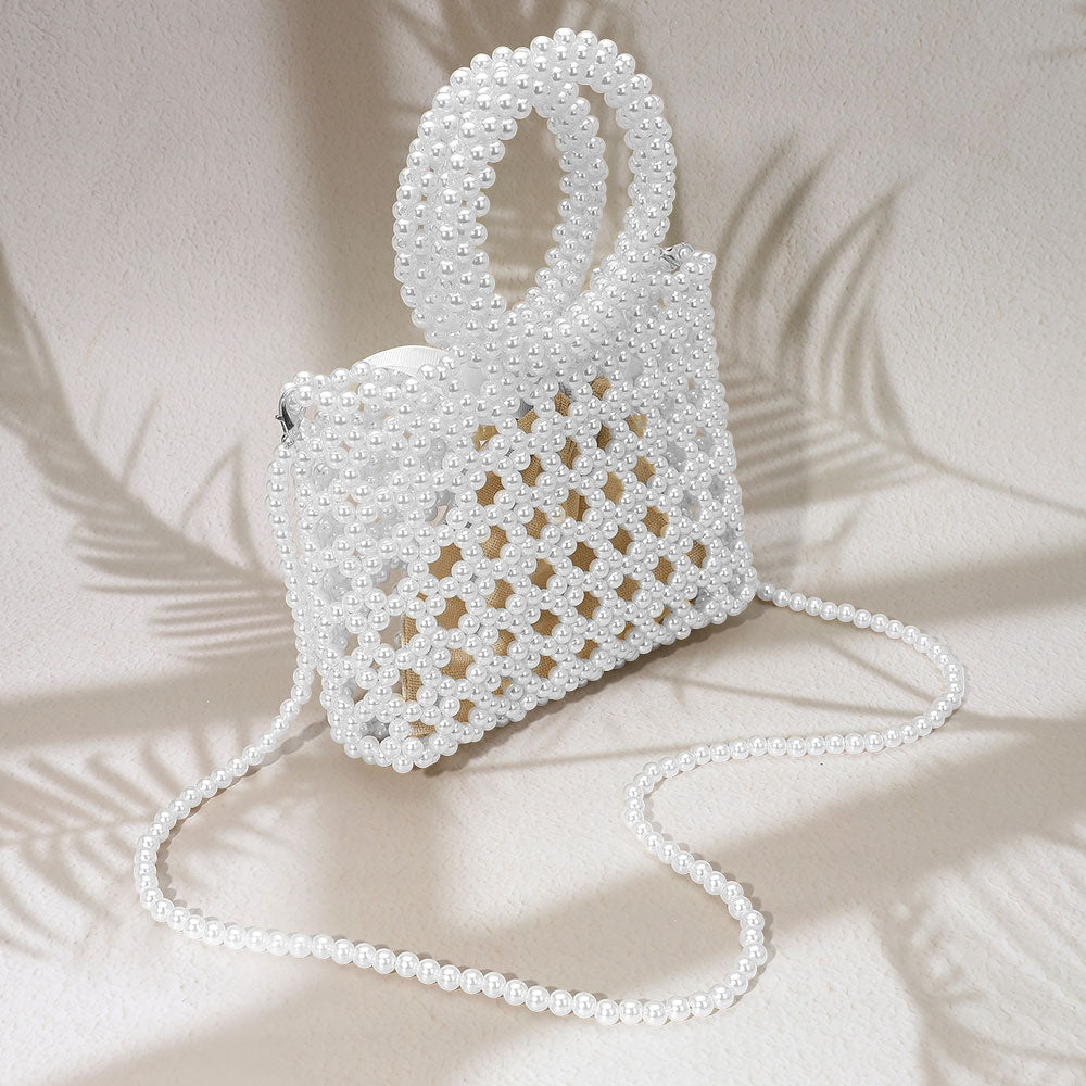 Madeline Love White Elegant Pearl Beaded Round Handle Lattice Handbag / Crossbody Bag - Bags & Wallets - extra