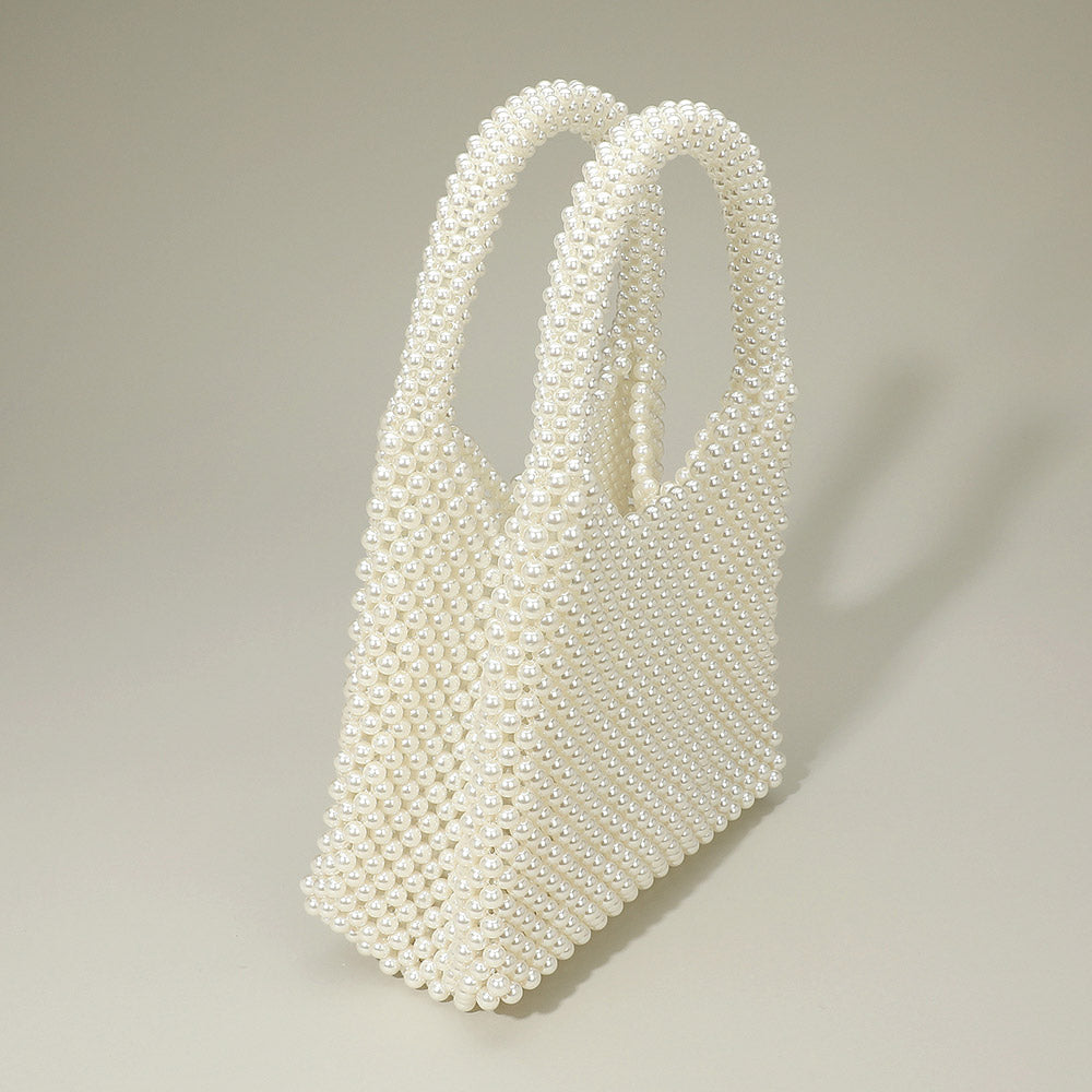 Madeline Love Cream, Gold Pearl Beaded Top Handle Handbag - Bags & Wallets - desc