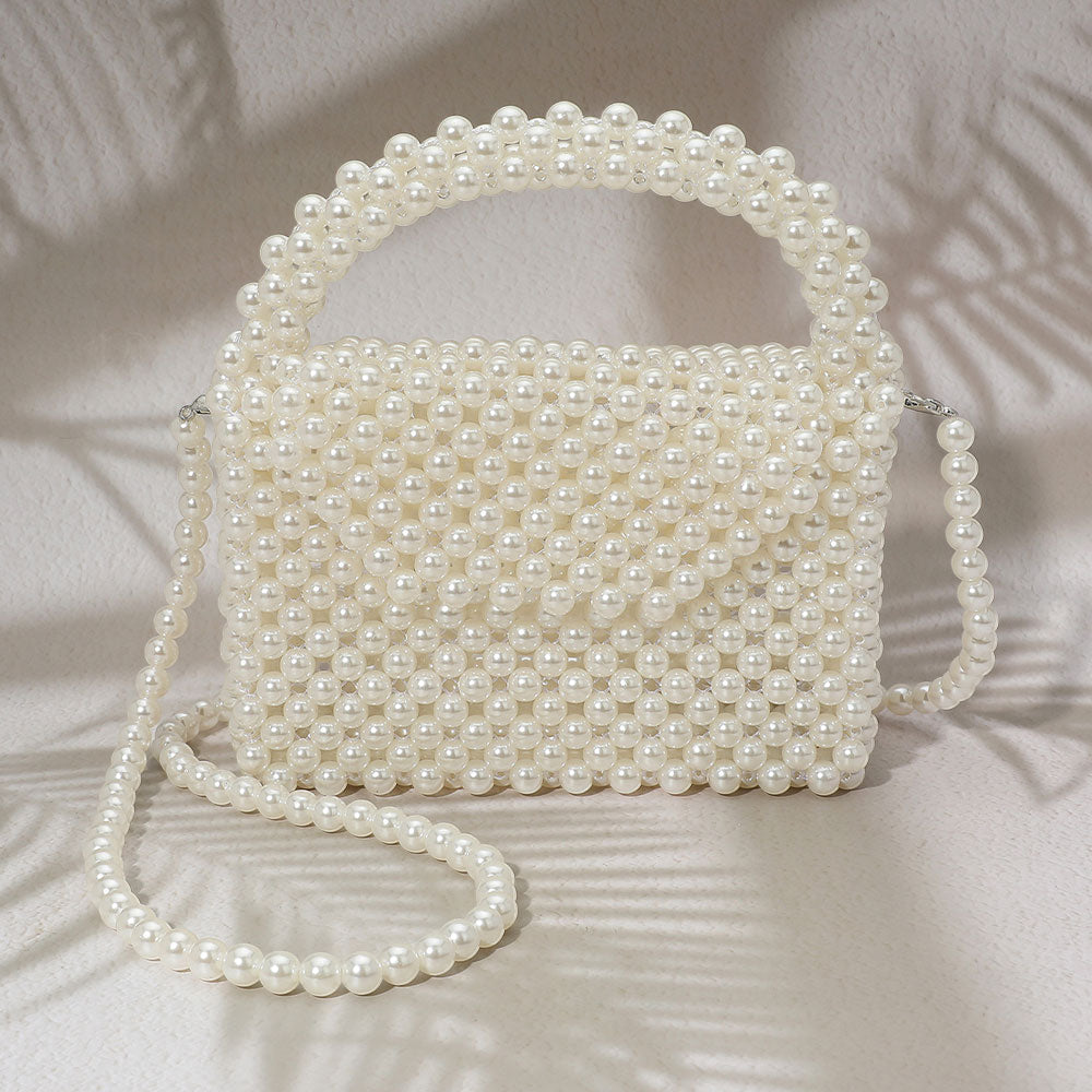 Madeline Love Cream, Gold Pearl Beaded Top Handle Flap Hand Bag / Crossbody Bag - Bags & Wallets