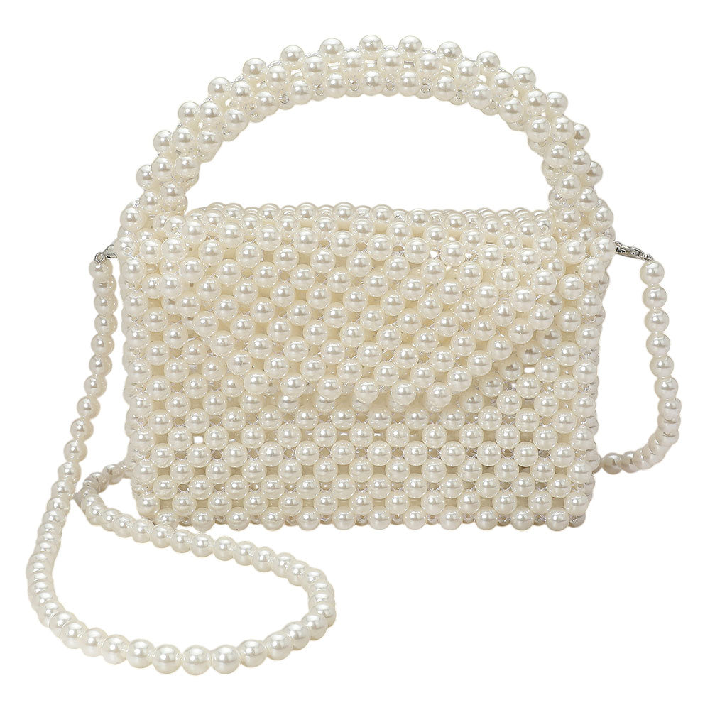 Madeline Love Cream, Gold Pearl Beaded Top Handle Flap Hand Bag / Crossbody Bag - Bags & Wallets - desc