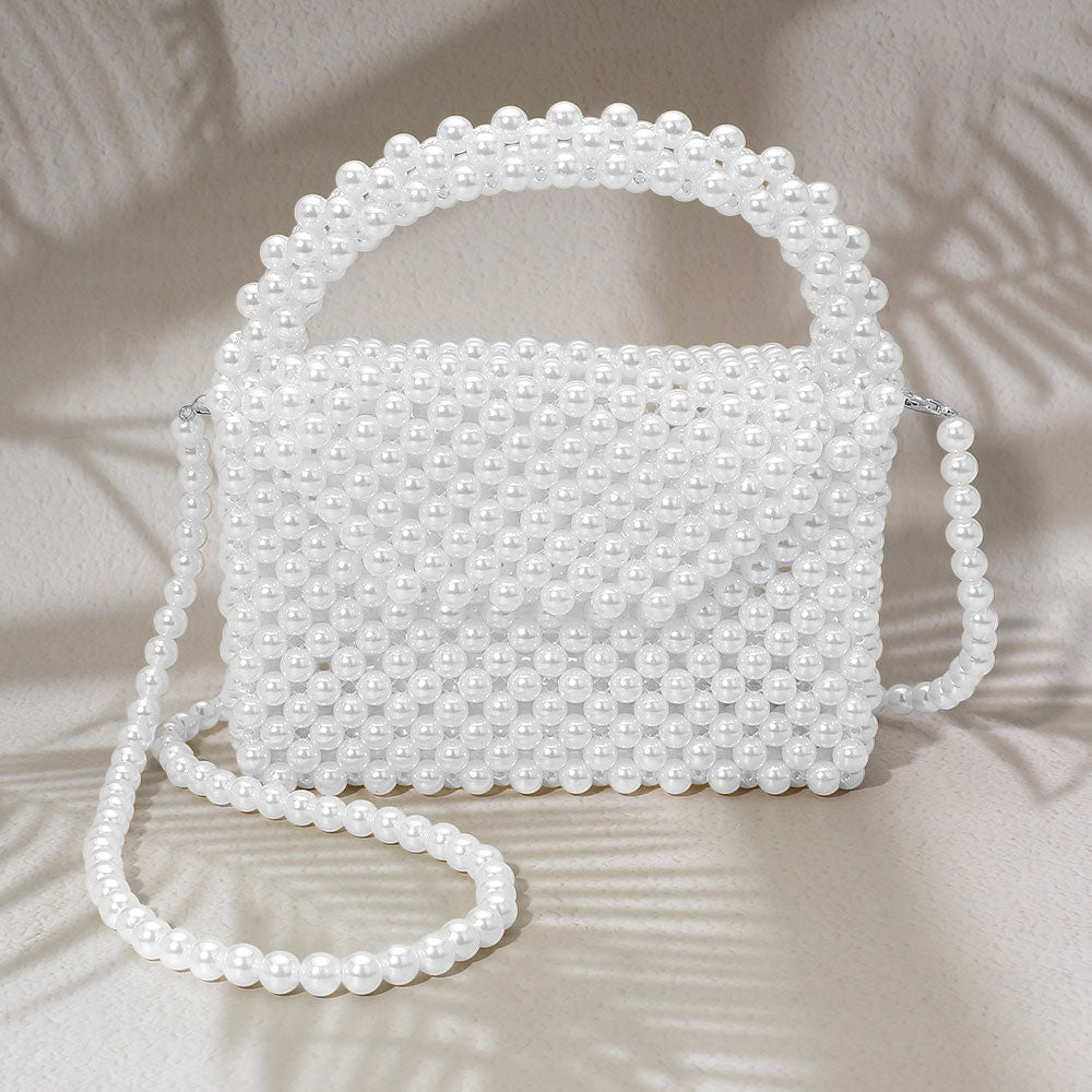 Madeline Love Rhodium, White Pearl Beaded Top Handle Flap Hand Bag / Crossbody Bag - Bags & Wallets