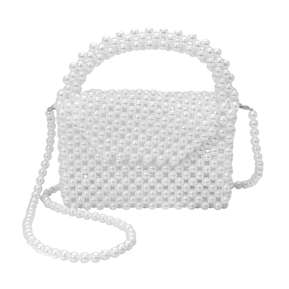 Madeline Love Rhodium, White Pearl Beaded Top Handle Flap Hand Bag / Crossbody Bag - Bags & Wallets - desc