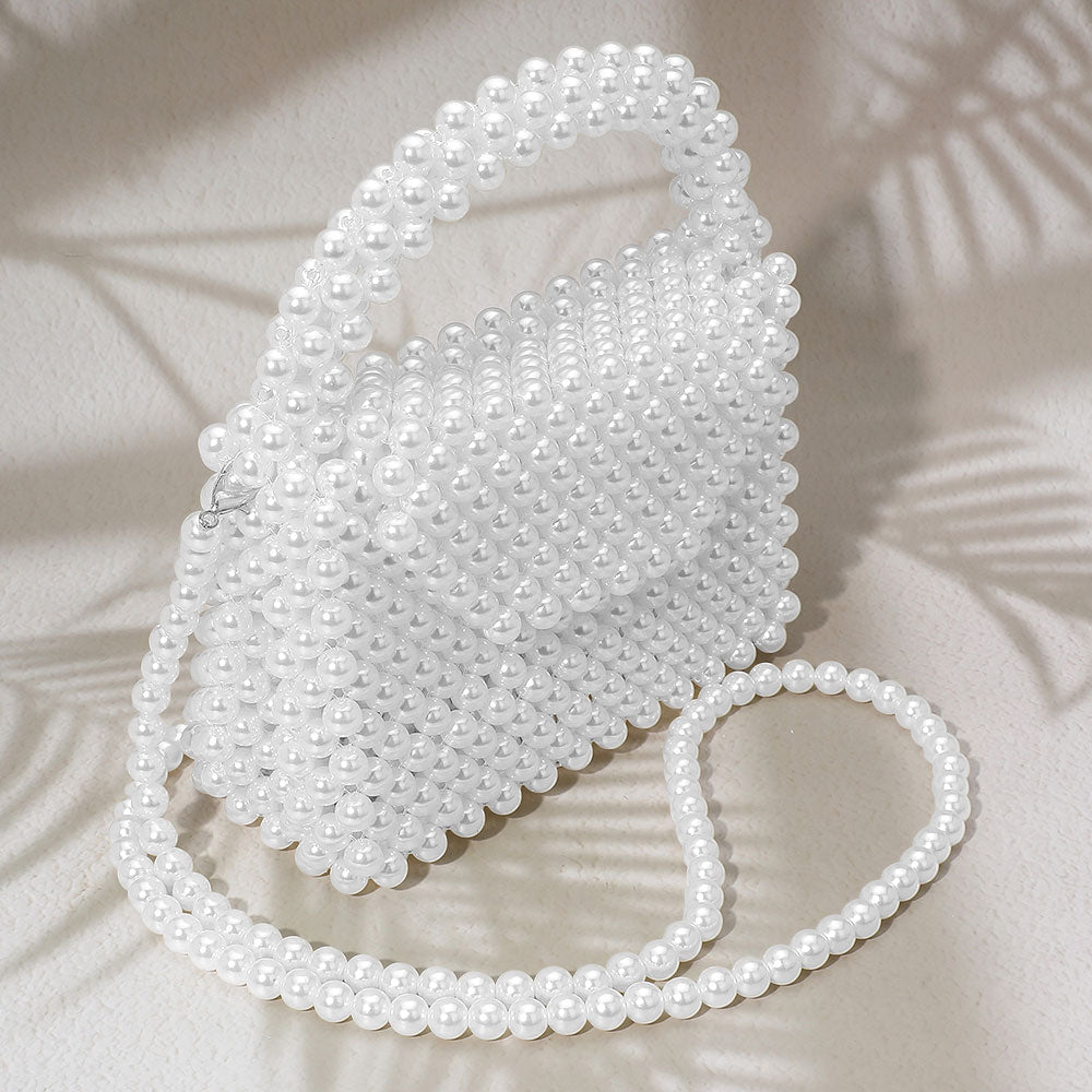 Madeline Love Rhodium, White Pearl Beaded Top Handle Flap Hand Bag / Crossbody Bag - Bags & Wallets - extra