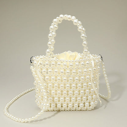 Madeline Love Cream, Gold Pearl Beaded Top Handle Drawstring Pouch Handbag / Crossbody Bag - Bags & Wallets