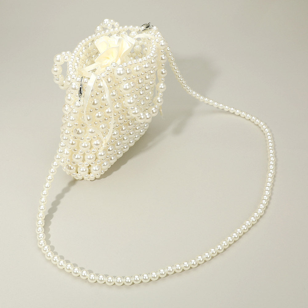 Madeline Love Cream, Gold Pearl Beaded Top Handle Drawstring Pouch Handbag / Crossbody Bag - Bags & Wallets - desc