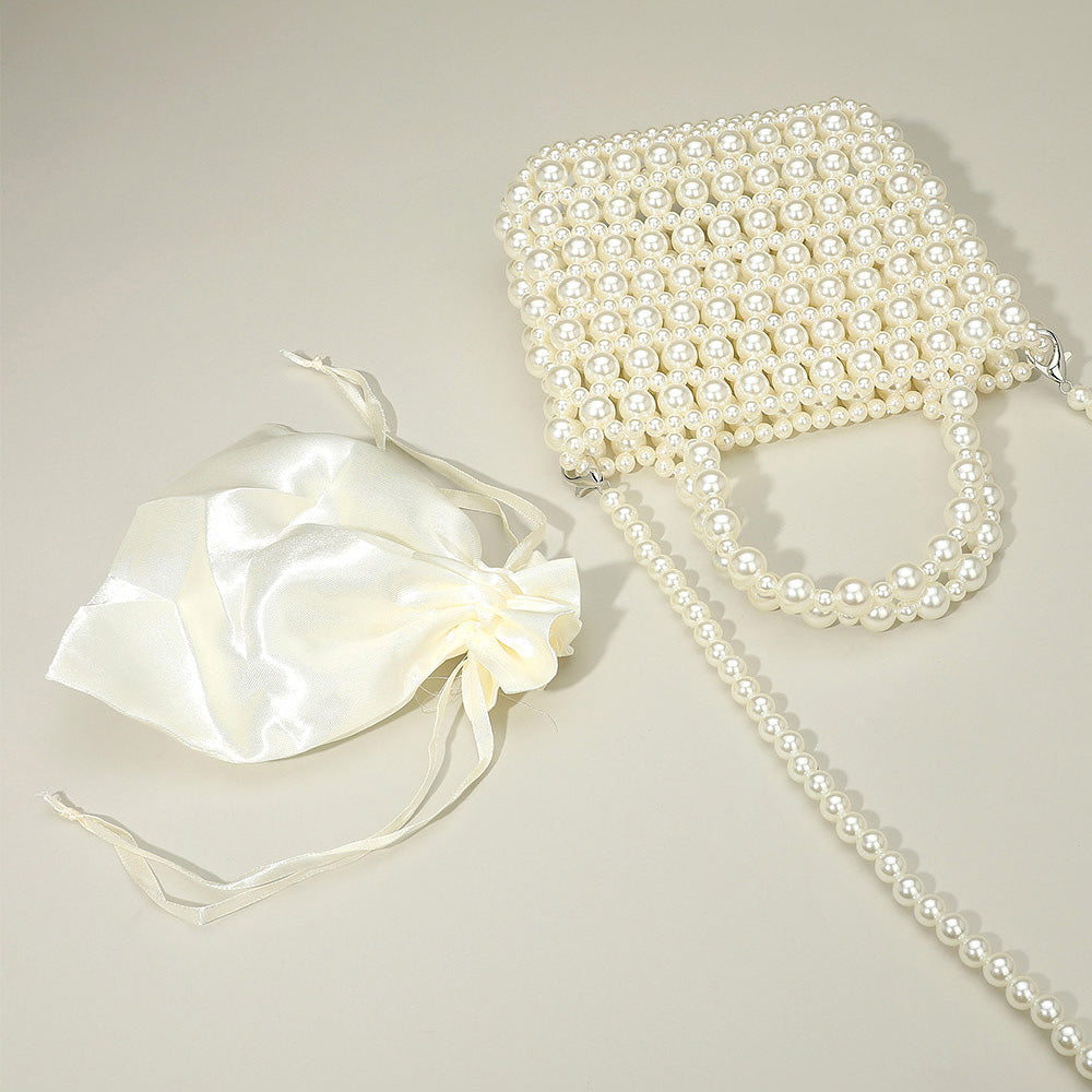 Madeline Love Cream, Gold Pearl Beaded Top Handle Drawstring Pouch Handbag / Crossbody Bag - Bags & Wallets - extra