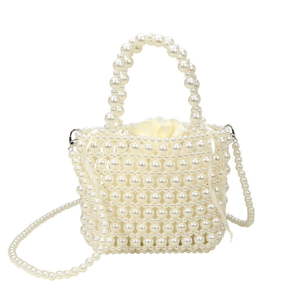 Madeline Love Cream, Gold Pearl Beaded Top Handle Drawstring Pouch Handbag / Crossbody Bag - Bags & Wallets - extra