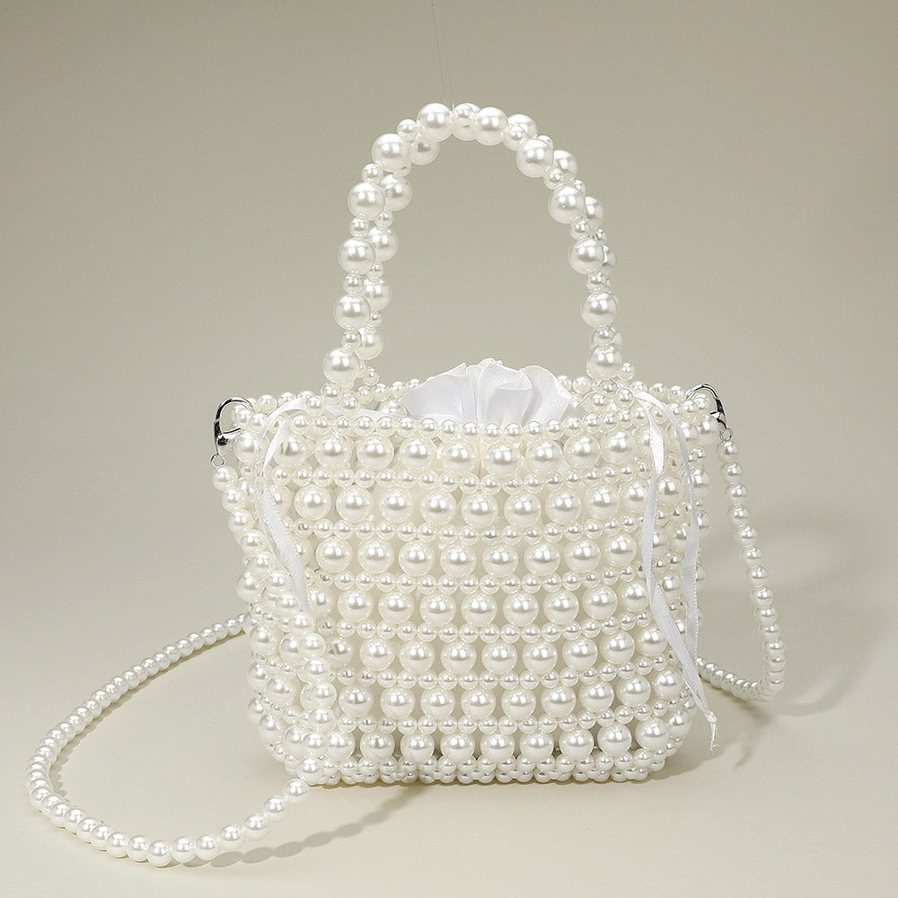 Madeline Love Rhodium, White Pearl Beaded Top Handle Drawstring Pouch Handbag / Crossbody Bag - Bags & Wallets