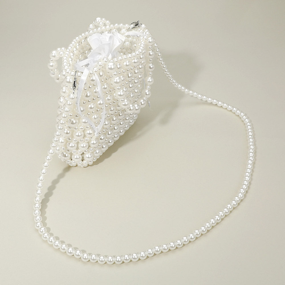 Madeline Love Rhodium, White Pearl Beaded Top Handle Drawstring Pouch Handbag / Crossbody Bag - Bags & Wallets - desc