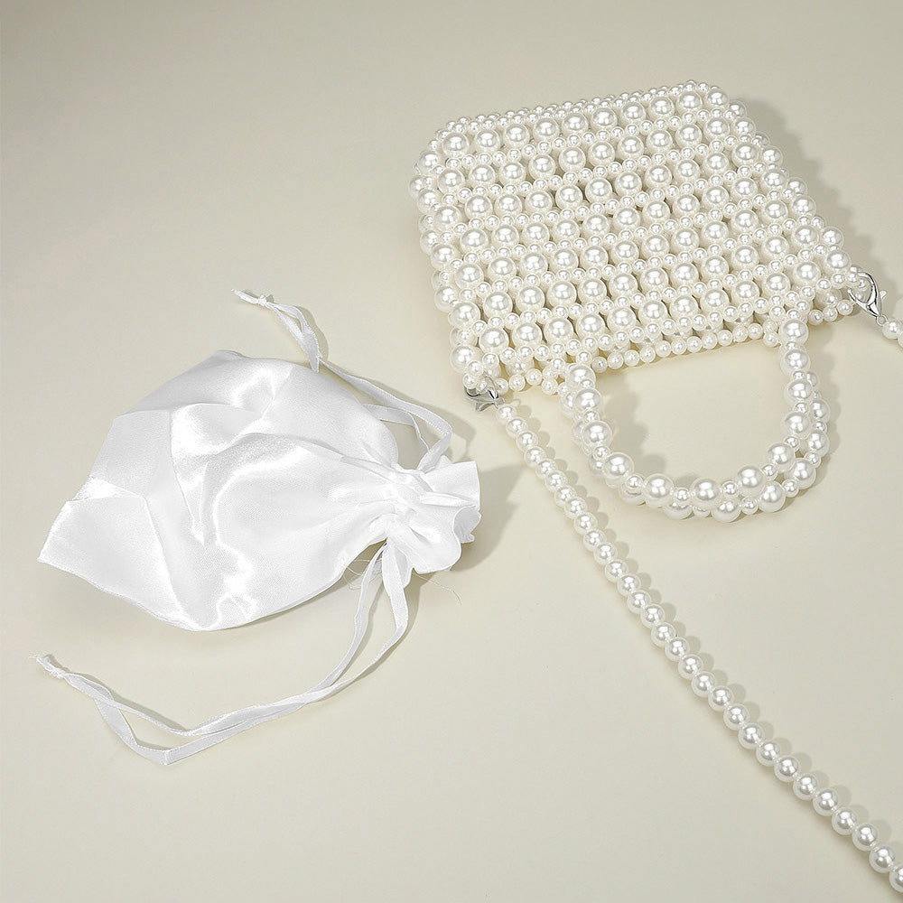 Madeline Love Rhodium, White Pearl Beaded Top Handle Drawstring Pouch Handbag / Crossbody Bag - Bags & Wallets - extra