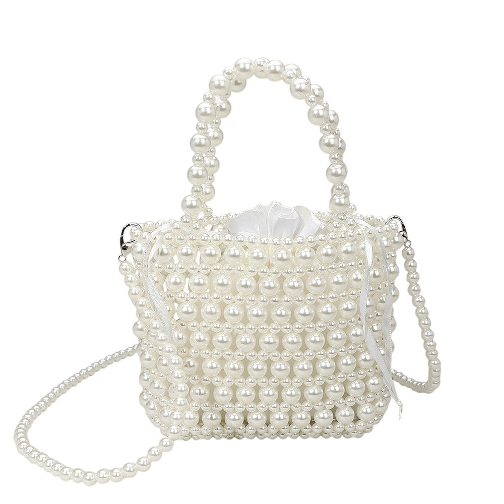 Madeline Love Rhodium, White Pearl Beaded Top Handle Drawstring Pouch Handbag / Crossbody Bag - Bags & Wallets - extra