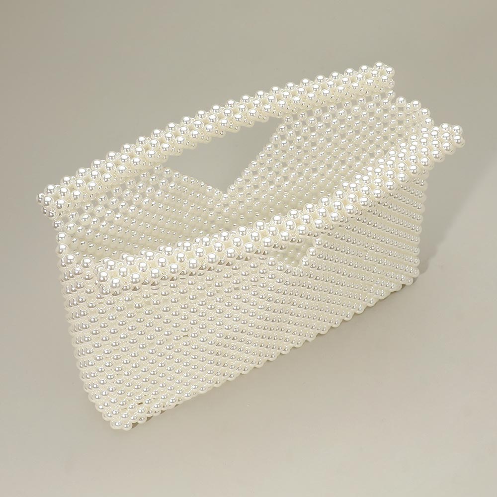 Madeline Love Cream, Gold Pearl Beaded Open Top Clutch Bag - Bags & Wallets - extra
