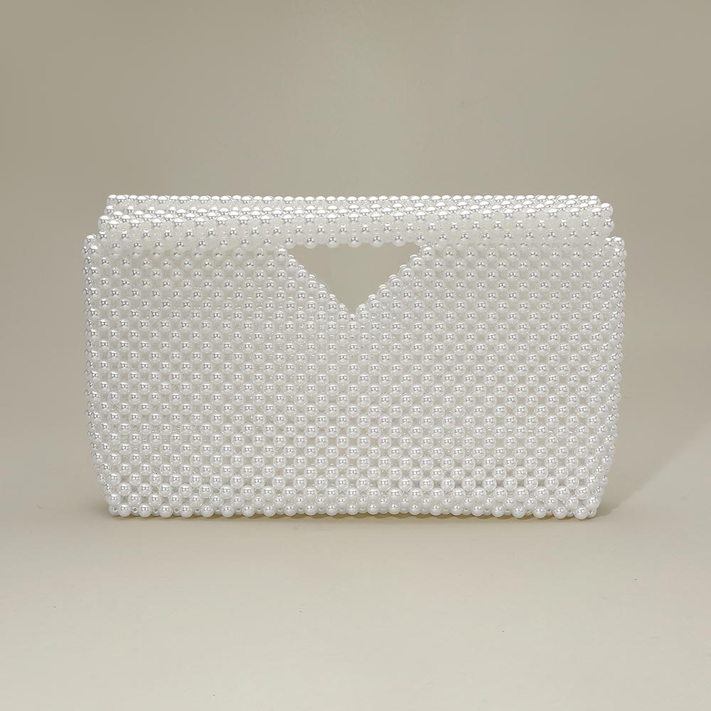 Madeline Love Rhodium, White Pearl Beaded Open Top Clutch Bag - Bags & Wallets
