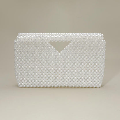 Madeline Love Rhodium, White Pearl Beaded Open Top Clutch Bag - Bags & Wallets