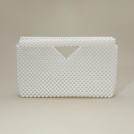 Madeline Love Rhodium, White Pearl Beaded Open Top Clutch Bag - Bags & Wallets