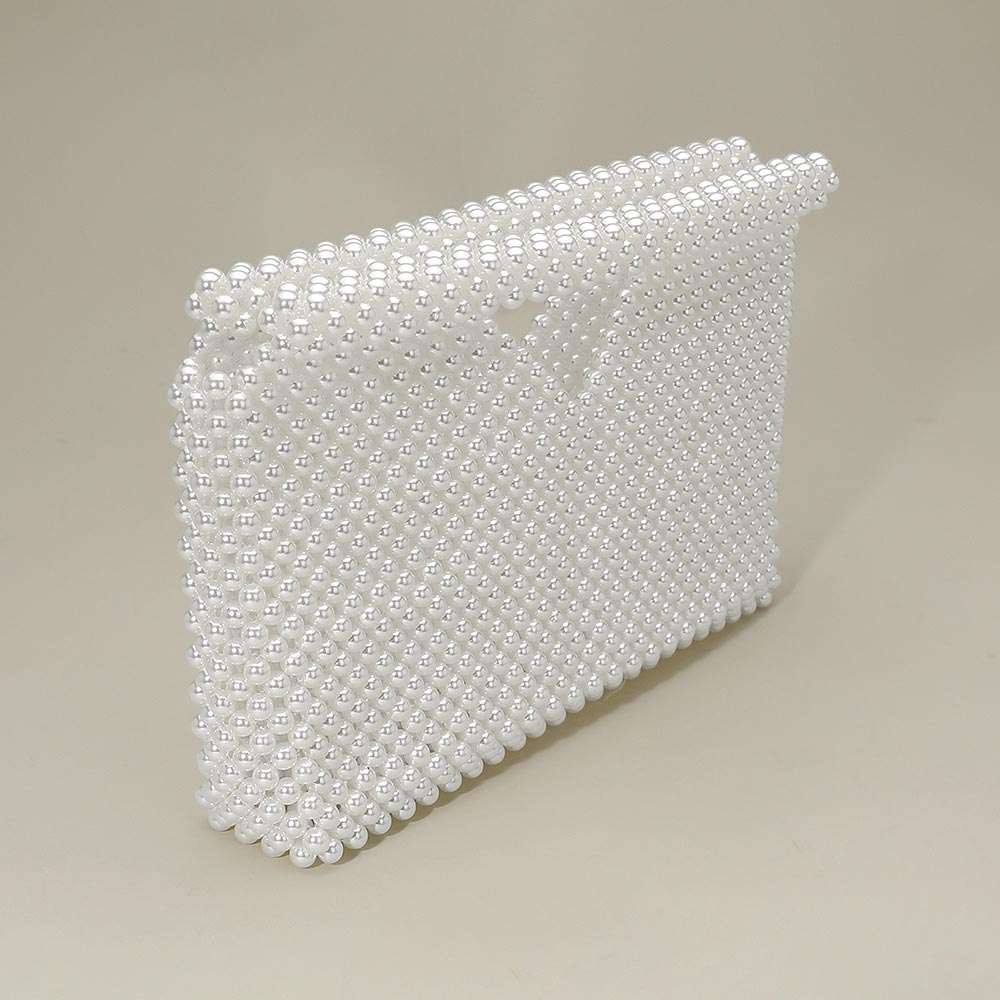 Madeline Love Rhodium, White Pearl Beaded Open Top Clutch Bag - Bags & Wallets - desc