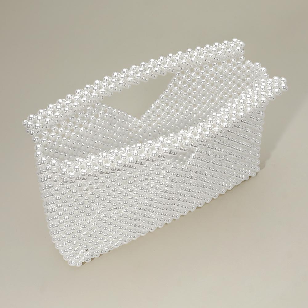 Madeline Love Rhodium, White Pearl Beaded Open Top Clutch Bag - Bags & Wallets - extra
