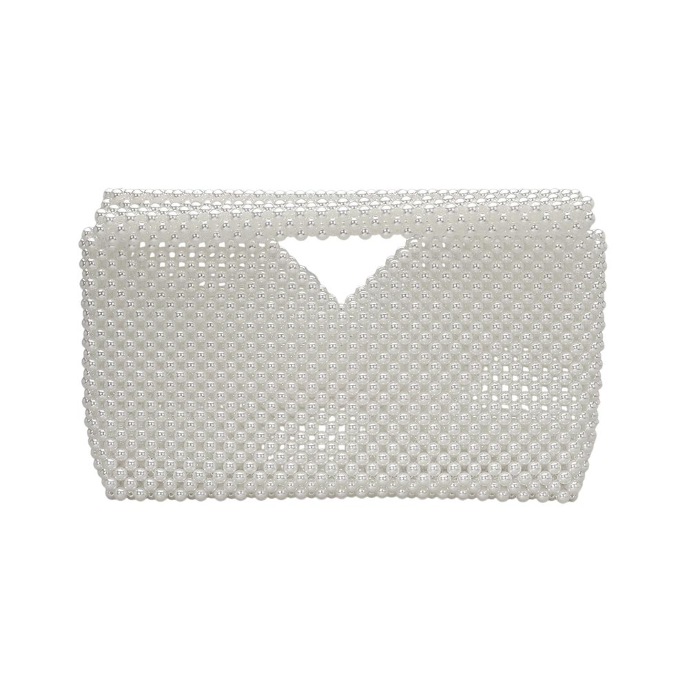 Madeline Love Rhodium, White Pearl Beaded Open Top Clutch Bag - Bags & Wallets - extra