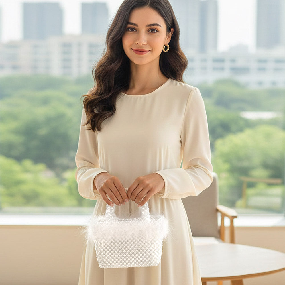 Madeline Love Rhodium, White Feather Embellished Open Top Mini Tote Bag - Bags & Wallets