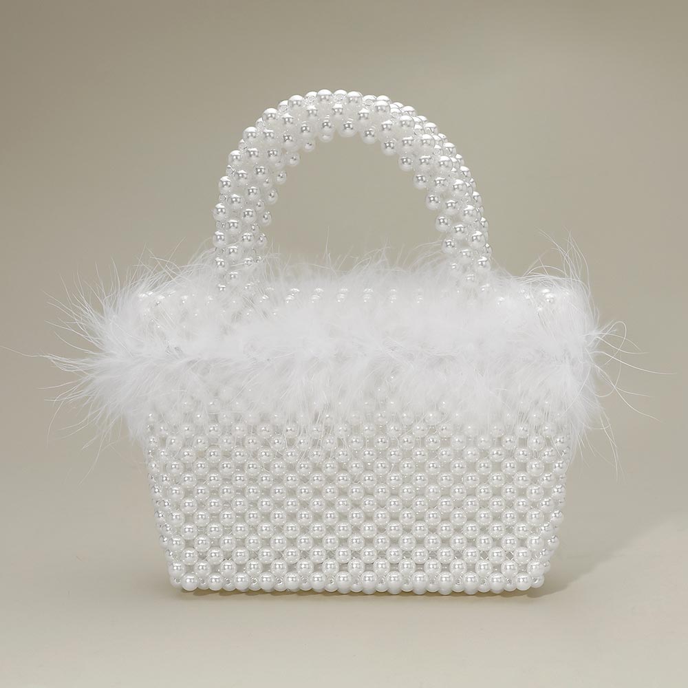 Madeline Love Rhodium, White Feather Embellished Open Top Mini Tote Bag - Bags & Wallets - desc
