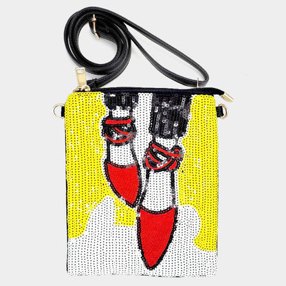 Madeline Love Yellow Stiletto Heel Sequin Faux Leather Crossbody Bag - Bags & Wallets