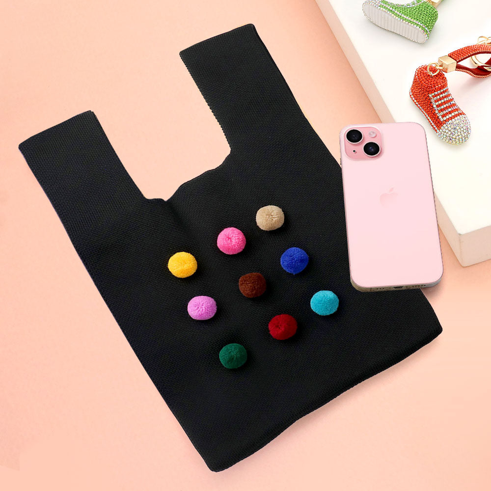 Madeline Love Black Pom Pom Embellished Knit Tote Bag - Bags & Wallets