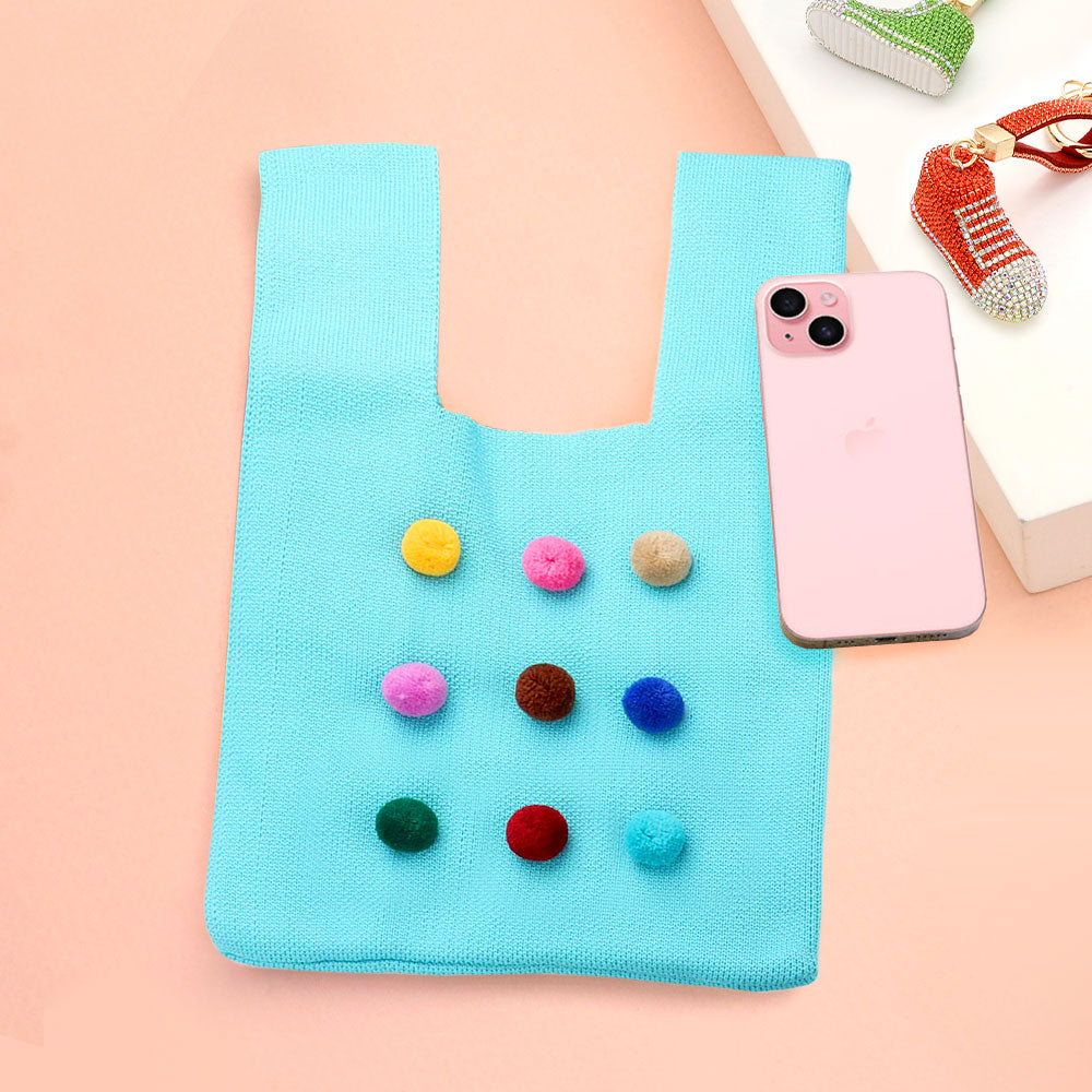 Madeline Love Turquoise Pom Pom Embellished Knit Tote Bag - Bags & Wallets